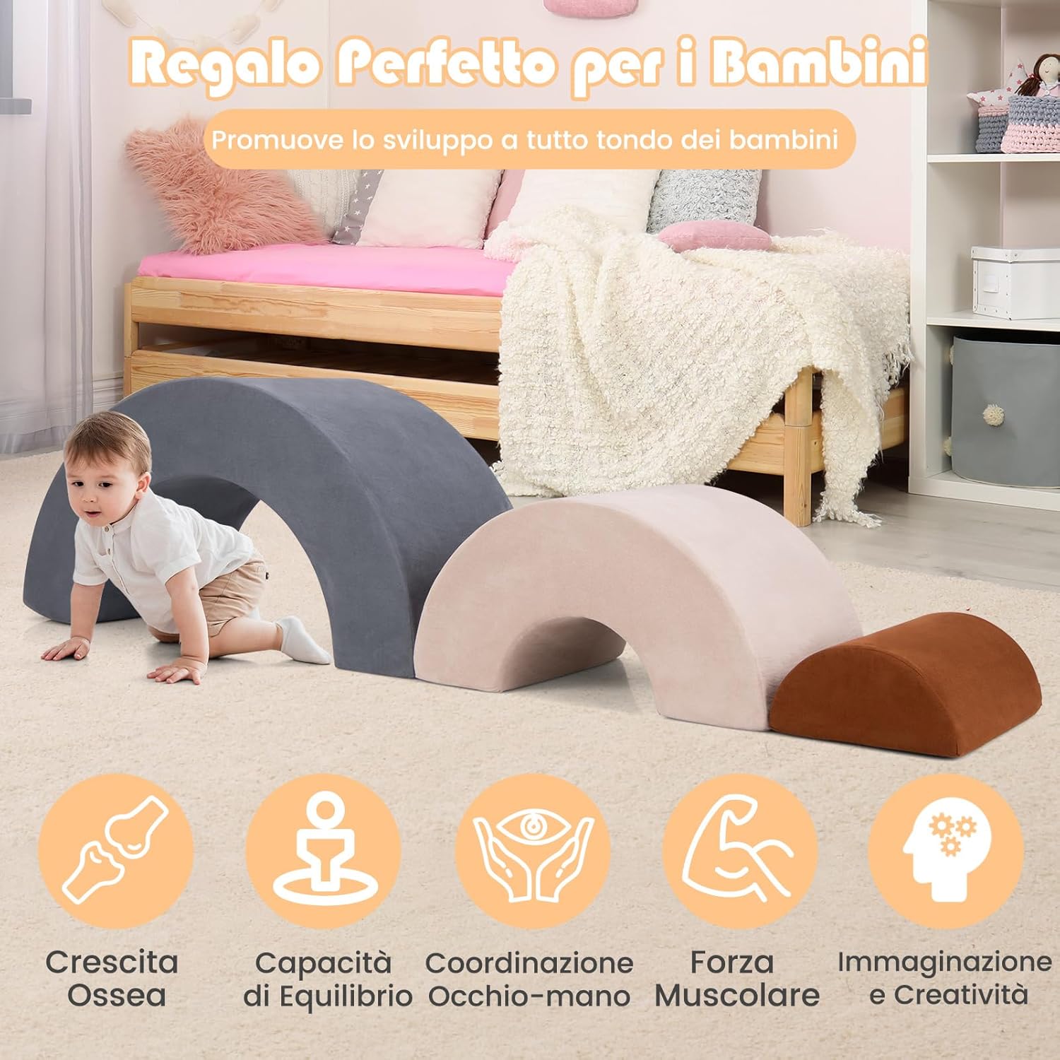 Set di 3 Pezzi Giocattoli per Arrampicata per Bambini, Tunnel Gioco in Schiuma, Divano Arcobaleno per Bambini, Area di Gioco per Stanza dei Giocattoli Camera da Letto (Grigio)