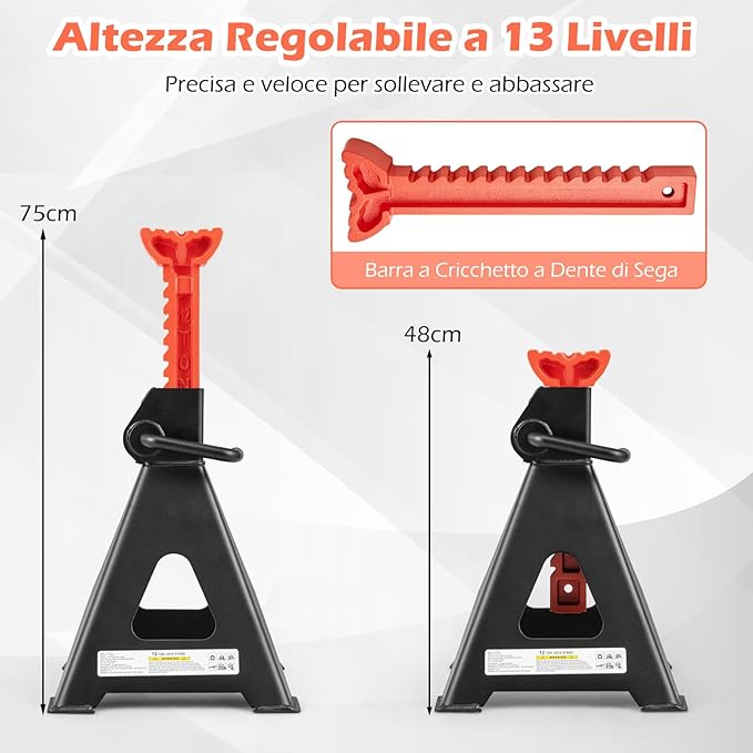Set di 2 Cavalletti per Auto 12 T, Coppia di Cavalletti di Sostegno con Blocco della Maniglia e Altezza Regolabile 48-75 cm, Cavalletti per Cric per SUV, Berlina, Pickup e UTV