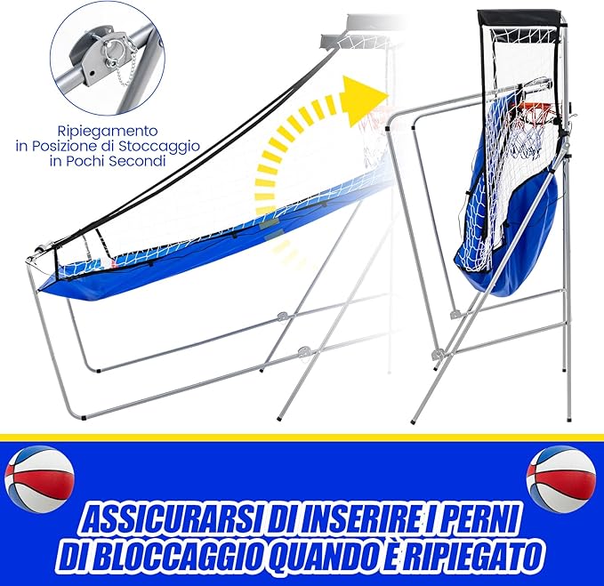 Macchina da Pallacanestro Elettronica Pieghevole, Gioco Arcade da Basket a Doppio Tiro per Casa con 8 Modalità di Gioco, Suono Arcade, Punteggio Elettronico, 4 Palloni e Pompa (Blu)