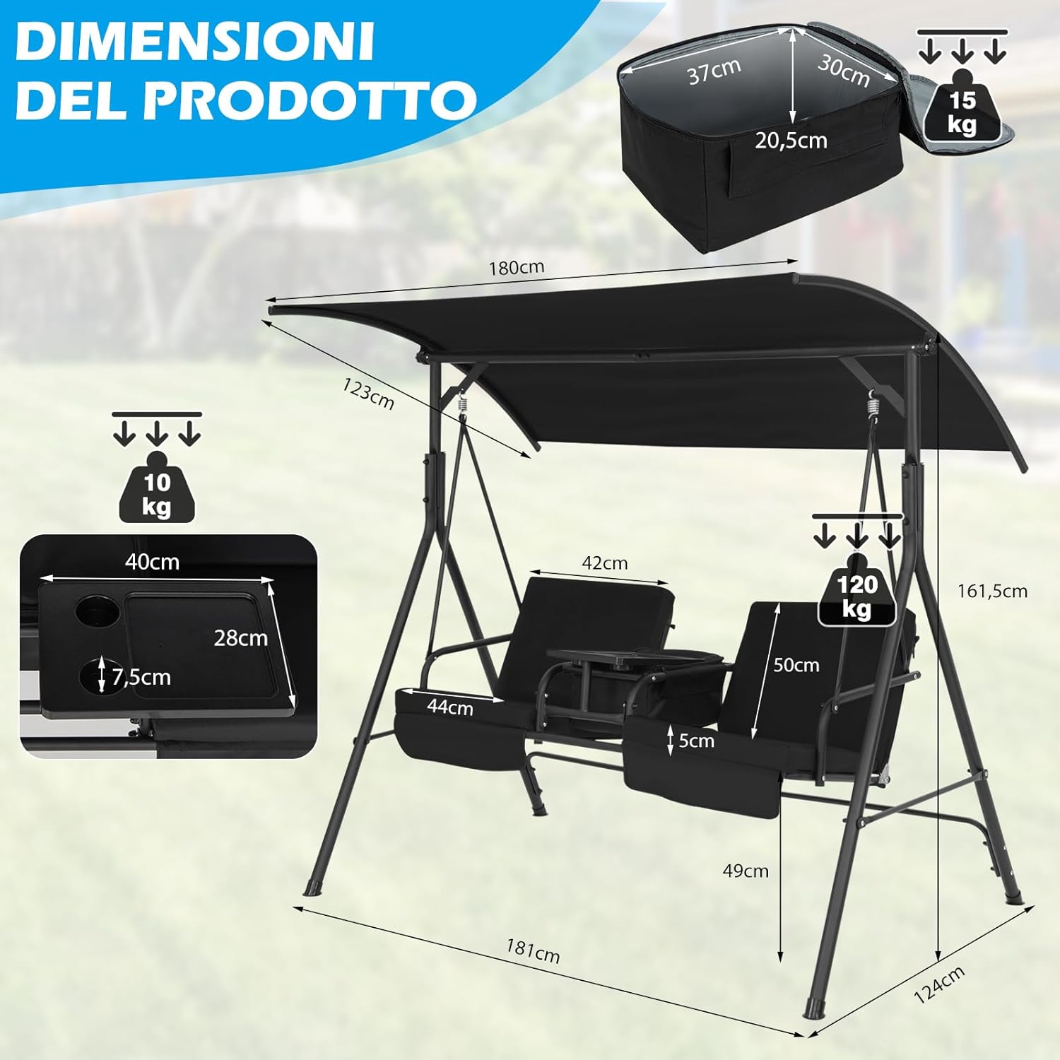 Dondolo da Giardino a 2 Posti, Altalena per Giardino con Borsa Termica, Vassoio Girevole e Cuscini Rimovibili, Altalena con Tettuccio per Giardino, Balcone, Portata 240 kg (Nero)