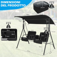 Dondolo da Giardino a 2 Posti, Altalena per Giardino con Borsa Termica, Vassoio Girevole e Cuscini Rimovibili, Altalena con Tettuccio per Giardino, Balcone, Portata 240 kg (Nero)