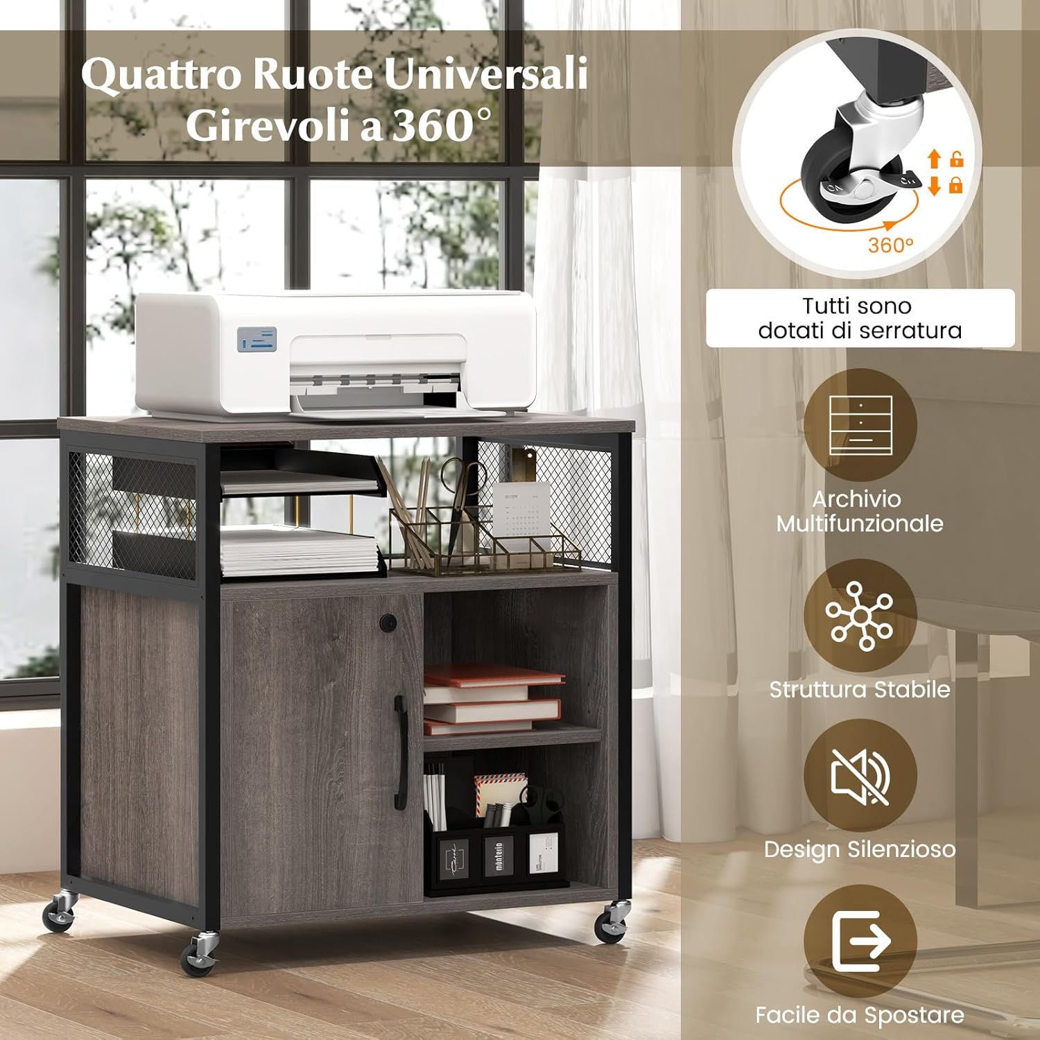 Armadietto per Archivio con Ruote, Mobile Per Documenti con 2 Scomparti, Ripiani Regolabili, Interfaccia USB e TYPE-C, per Soggiorno, Ufficio, Studio, 60 x 43,5 x 65,5 cm (Grigio)