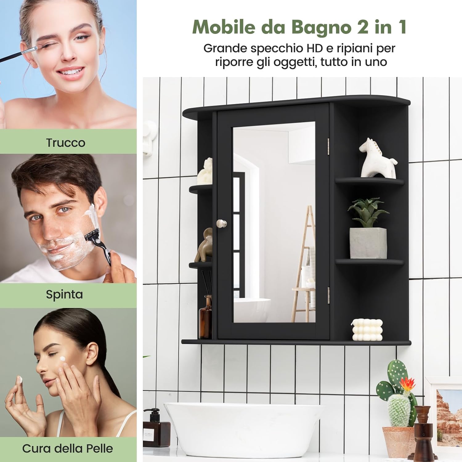 Mobile da Bagno con Specchio 66 x 17 x 63cm, Mobiletto in Legno Appeso con Mensole Regolabili, Armadietto dei Medicinali Multiuso per Bagno Salone Cucina (Nero)