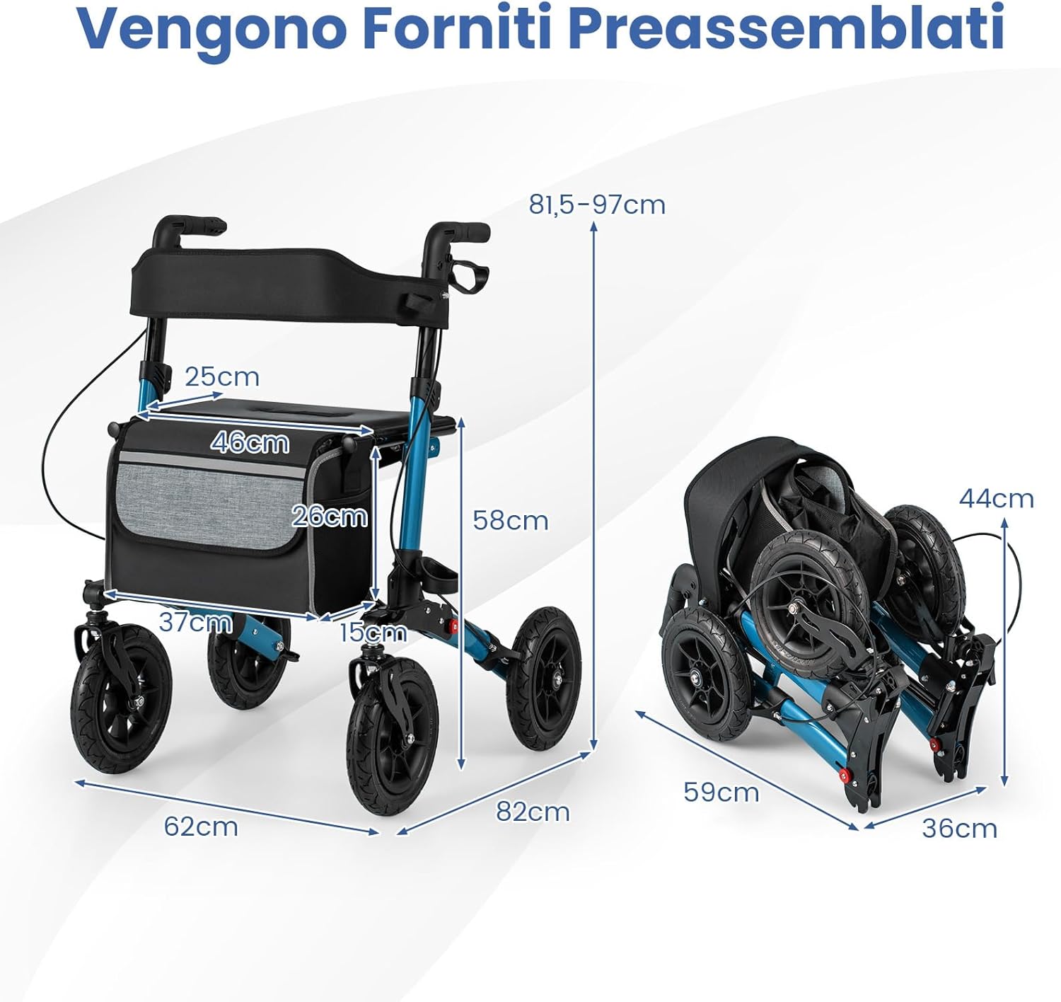 Deambulatore Pieghevole per Anziani in Alluminio, Rollator Regolabile in Altezza con Seduta, Schienale e Freni, Girello per Anziani con Borsetta, Carico Massimo 140 kg (Blu)