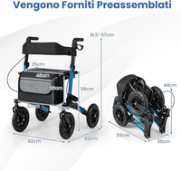 Deambulatore Pieghevole per Anziani in Alluminio, Rollator Regolabile in Altezza con Seduta, Schienale e Freni, Girello per Anziani con Borsetta, Carico Massimo 140 kg (Blu)