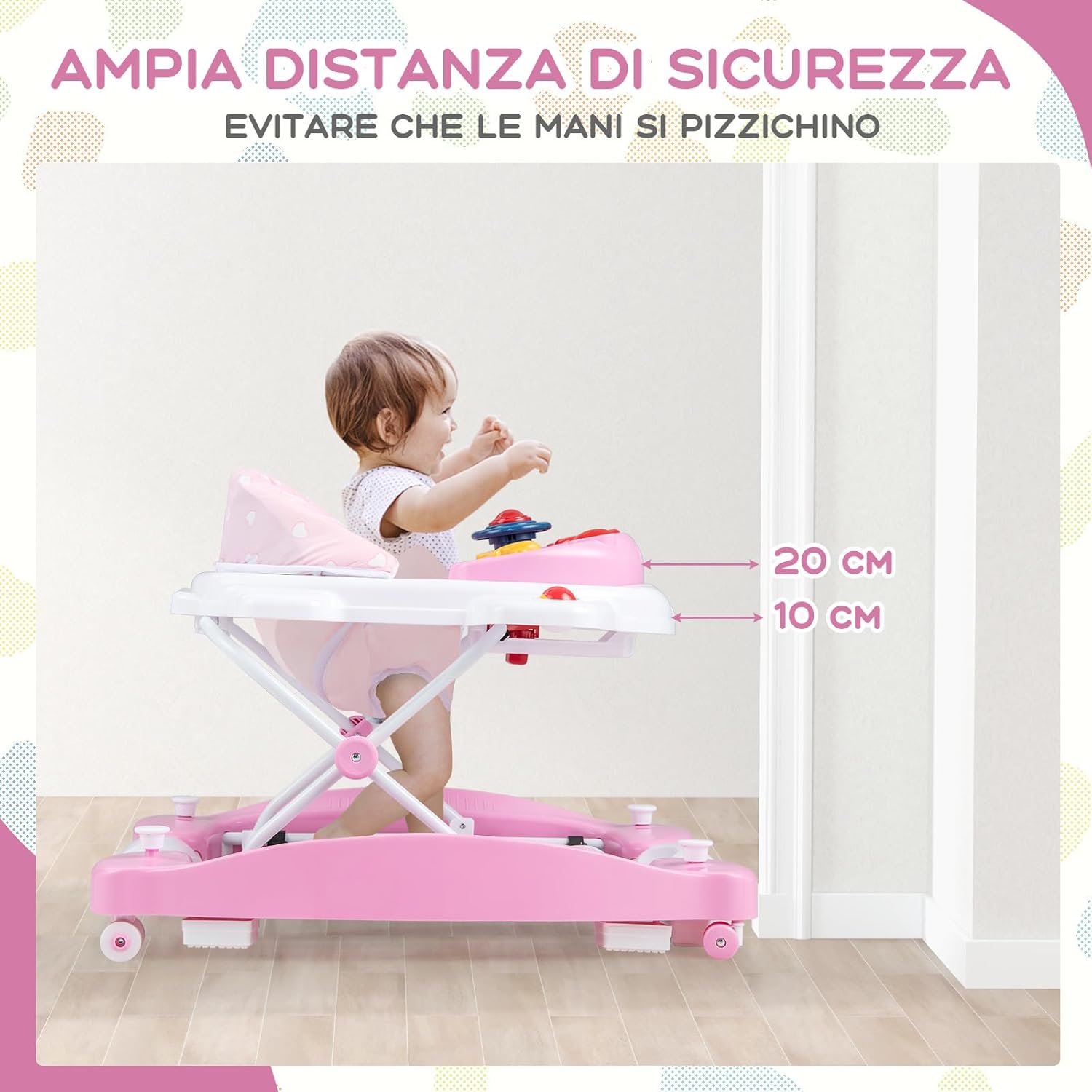 Girello per Bambini 6 in 1, Primi Passi per Neonati con Altezza Regolabile, Sedia a Dondolo per Bambini, Girello Pieghevole con Vassoio Musicale, Cuscino, per Bambini 6+ Mesi (Rosa)