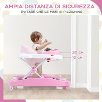 Girello per Bambini 6 in 1, Primi Passi per Neonati con Altezza Regolabile, Sedia a Dondolo per Bambini, Girello Pieghevole con Vassoio Musicale, Cuscino, per Bambini 6+ Mesi (Rosa)