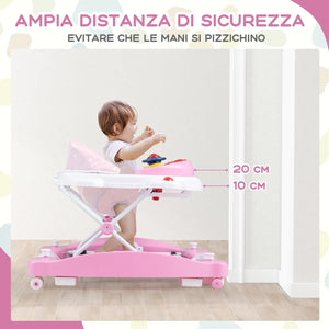 Girello per Bambini 6 in 1, Primi Passi per Neonati con Altezza Regolabile, Sedia a Dondolo per Bambini, Girello Pieghevole con Vassoio Musicale, Cuscino, per Bambini 6+ Mesi (Rosa)