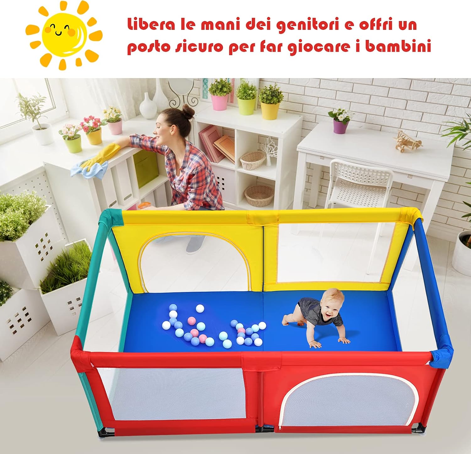 Box per Bambini, Centro Attività Portatile e Sicuro per Bambini, Box Colorato con Cancello, Recinto Extra per Interno ed Esterno con Rete Traspirante Durevole (Colorato)