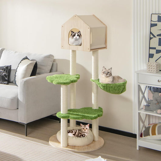 Albero Tiragraffi per Gatti 139 cm, Torre Multi-livello in Legno con Tiragraffi in Sisal, Piattaforme di Salto, Trespolo e Amaca, Centro di Attività per Gatti, Verde