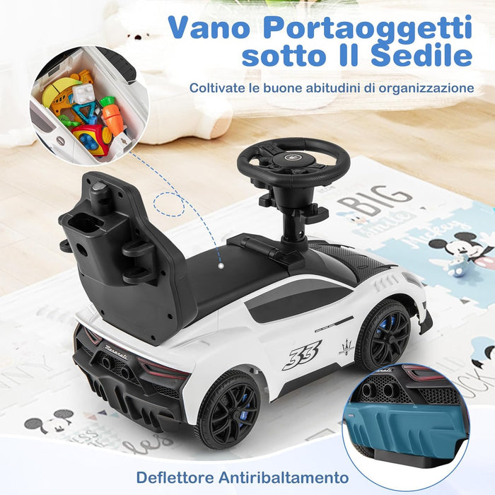 3 in 1 Maserati Auto da Spinta, Auto Scorrevole con 2 Ruote Universali Volante Musicale Paracolpi e Manubrio, Macchina Cavalcabile con Ripostiglio per Bambini 18-60 Mesi (Bianco)