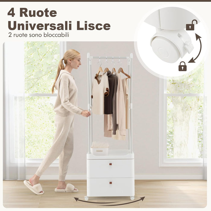 Appendiabiti con 2 Cassetti e Ruote Bloccabili, stand appendiabiti con 4 Ganci Rimovibili e Ripiani di Stoccaggio, Per Ingresso Camera da Letto Spogliatoio, 52x40x161 cm