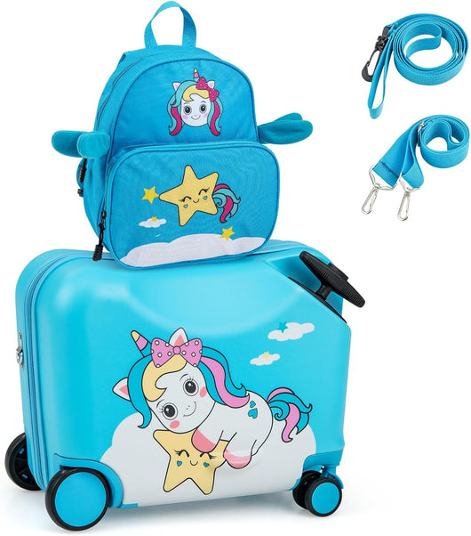 Valigia Cavalcabile per Bambini, 18" Valigia+ 12" Zaino,2 Pezzi, Trolley Bambini Bagaglio a Mano con Ruote Girevoli e Maniglia Retrattile, 2 Cingie Multiuso (Modello 2)