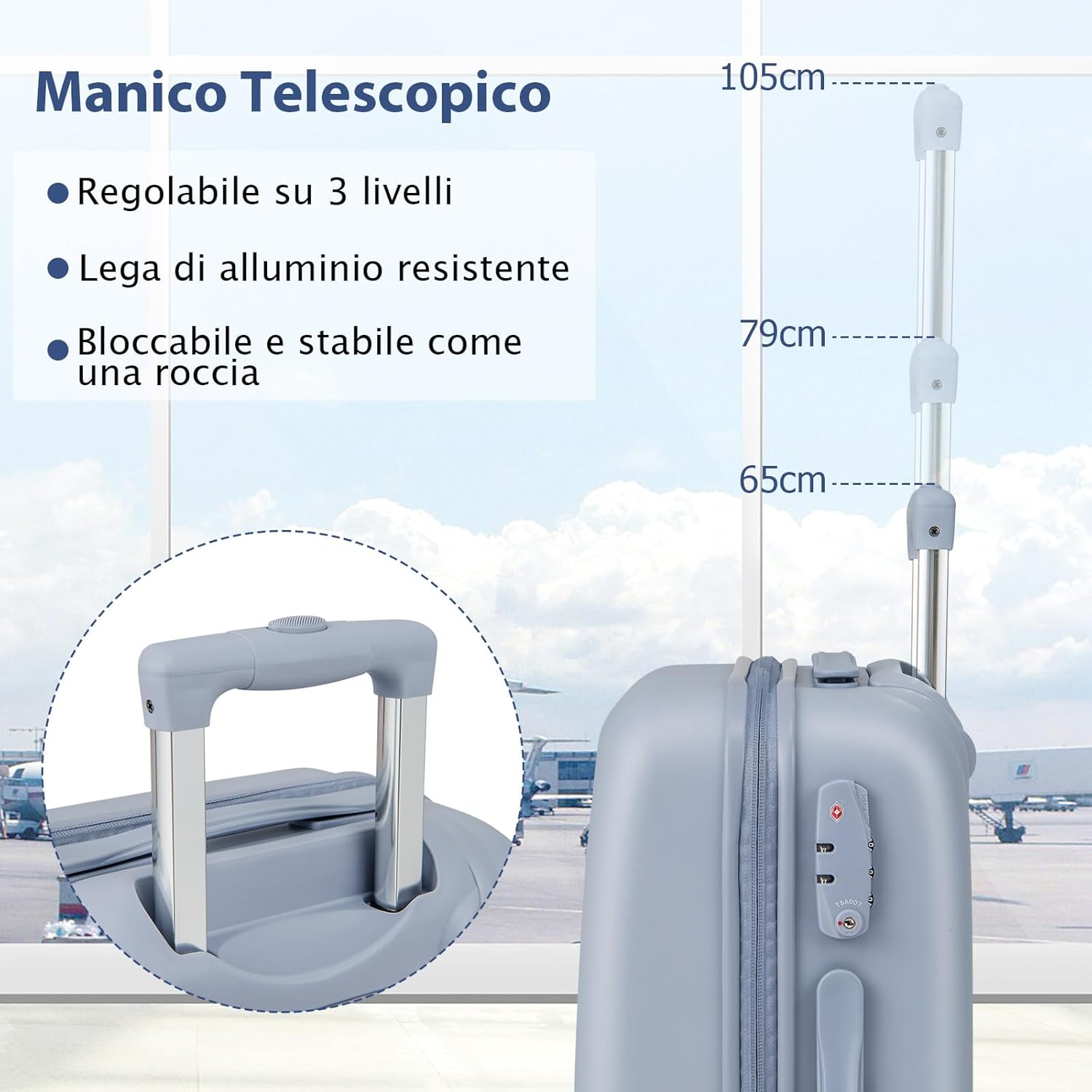 Valigia da Viaggio con Ruote Girevoli, Valigia Trolley con Manico Regolabile in Altezza, Guscio Rigido in PC, 38 x 22 x 57 cm (Blu)