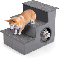 Scala per Cani con Cuccia, Rampe Pieghevole a 3 Gradini con Fondo Antiscivolo per Letti e Divani, Casa per Animali Domestici, Grigio, 42 x 21 x 44 cm