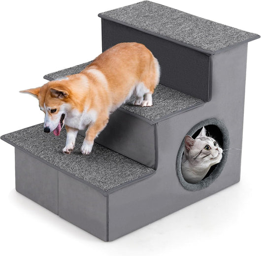 Scala per Cani con Cuccia, Rampe Pieghevole a 3 Gradini con Fondo Antiscivolo per Letti e Divani, Casa per Animali Domestici, Grigio, 42 x 21 x 44 cm