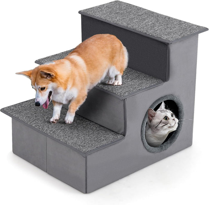 Scala per Cani con Cuccia, Rampe Pieghevole a 3 Gradini con Fondo Antiscivolo per Letti e Divani, Casa per Animali Domestici, Grigio, 42 x 21 x 44 cm