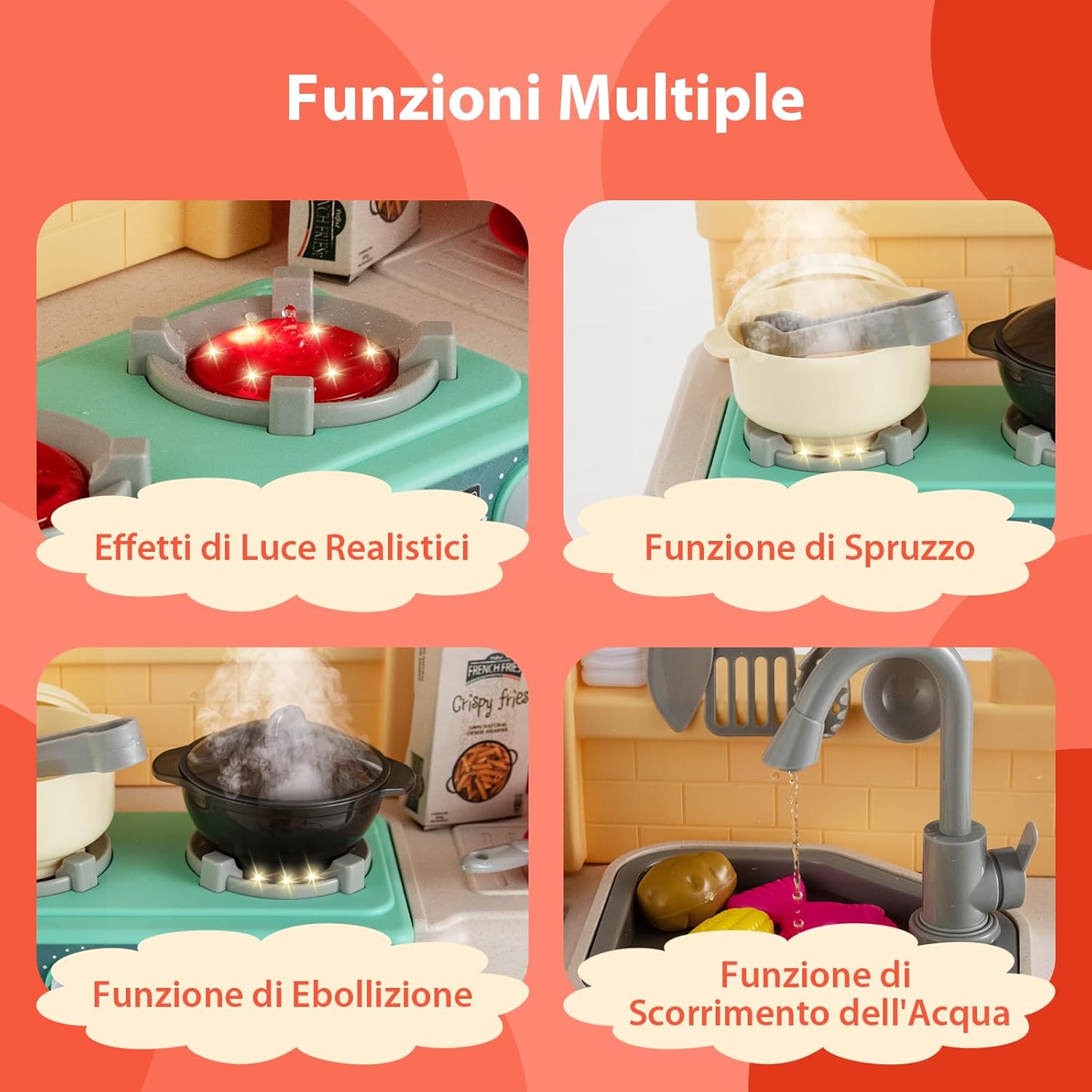 Cucina Giocattolo per Bambini 69 Pezzi, Cucinetta per Bambini 3 Anni+ con Luci Suoni Vapore e Acqua in Ebollizione, 3 Anni+, 64,5 x 24 x 83 cm (Arancio)