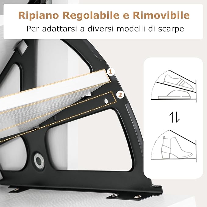 Scarpiera Slim in Legno, Portascarpe a 4 Livelli con 2 Cassetti a Ribalta, con Ripiano Aperto, Mobile Porta Scarpe per Ingresso Corridoio, 60x24x102 cm (Bianco)