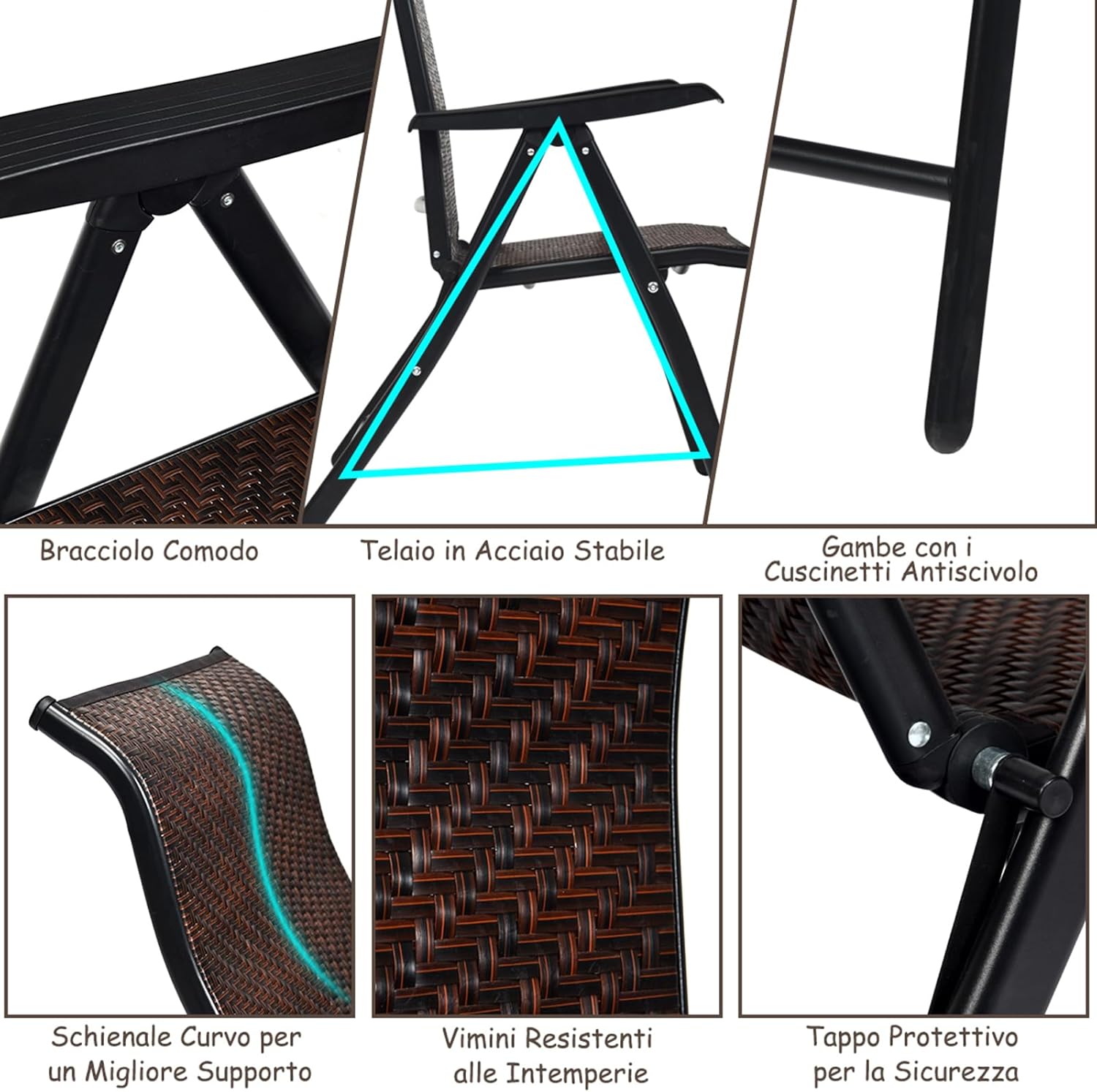 Set di 2 Sedie Pieghevoli in Rattan, Sedie Portatili in Vimini con Braccioli e Schienale Alto Regolabile, Ideale per Casa Cortile Giardino Balcone, Carico Massimo: 102 kg