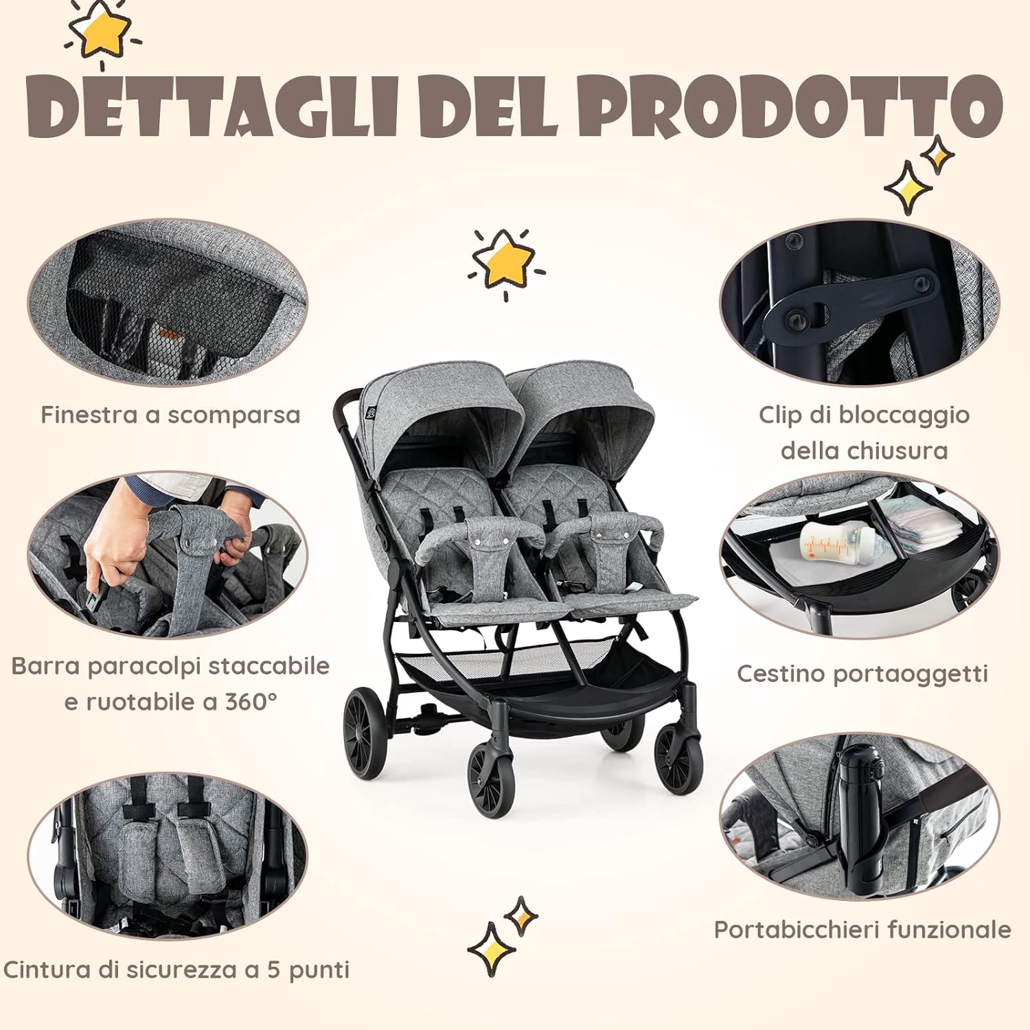 Passeggino Doppio Pieghevole per Bambini, Passeggino Portatile per Bambini con Schienale Regolabile, Cinture a 5 Punti, Poggiapiedi e Tettuccio, per Bambini 6-36 Mesi (Grigio Chiaro)