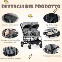 Passeggino Doppio Pieghevole per Bambini, Passeggino Portatile per Bambini con Schienale Regolabile, Cinture a 5 Punti, Poggiapiedi e Tettuccio, per Bambini 6-36 Mesi (Grigio Chiaro)