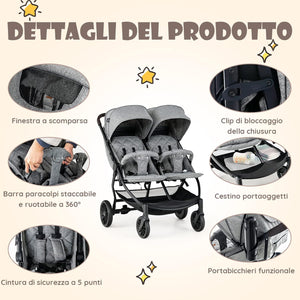 Passeggino Doppio Pieghevole per Bambini, Passeggino Portatile per Bambini con Schienale Regolabile, Cinture a 5 Punti, Poggiapiedi e Tettuccio, per Bambini 6-36 Mesi (Grigio Chiaro)