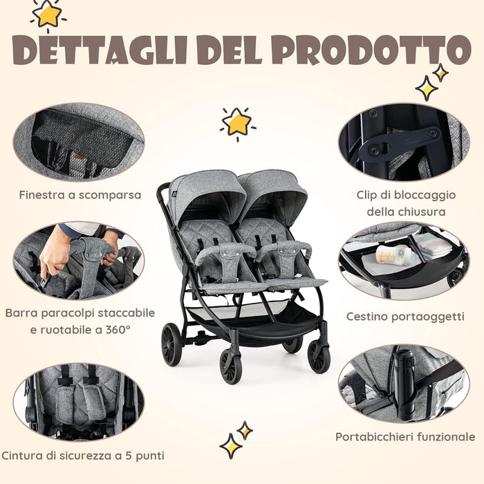 Passeggino Doppio Pieghevole per Bambini, Passeggino Portatile per Bambini con Schienale Regolabile, Cinture a 5 Punti, Poggiapiedi e Tettuccio, per Bambini 6-36 Mesi (Grigio Chiaro)