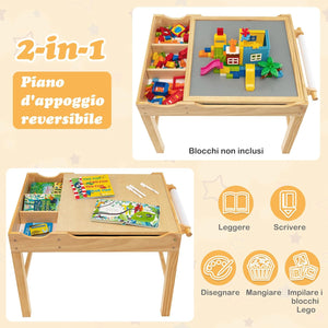 Tavolo da Gioco per Bambini in Legno con Piano Reversibile, Tavolo Multiattività Bambini 2 in 1, Porta Rotolo di Carta da Disegno, per Camera da Letto, Soggiorno (Naturale)