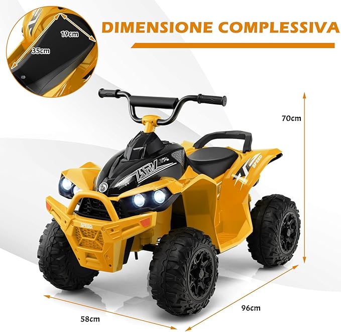 12V Quad Elettrico per Bambini, Macchina Elettrica con Velocità Alta/Bassa, Sedile Comodo Fari Corno e Musica, Auto Elettrica Cavalcabile 2,2/4,3 km/h (Giallo)