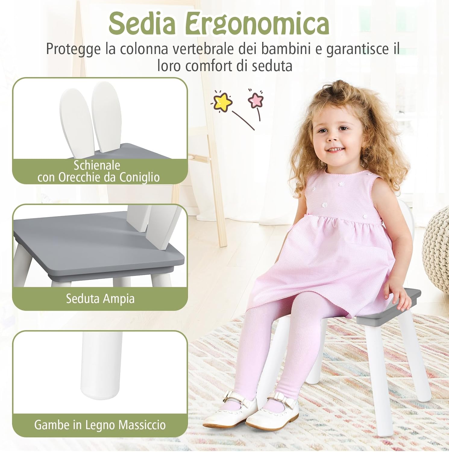 Tavolo Bambini con Sedie, Set Tavolo e Sedie in Legno per Bambini 3-6 anni con Schienale a Forma di Coniglio, Tavolino con Sedie per Giocare, Disegnare e Leggere, Capacità di 40 kg (Grigio)