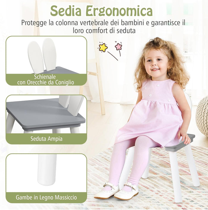 Tavolo Bambini con Sedie, Set Tavolo e Sedie in Legno per Bambini 3-6 anni con Schienale a Forma di Coniglio, Tavolino con Sedie per Giocare, Disegnare e Leggere, Capacità di 40 kg (Grigio)