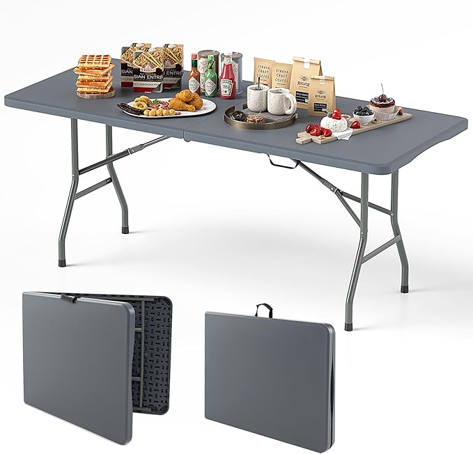 Tavolo Pieghevole Portatile da 180/245 cm, Tavolo da Campeggio in HDPE, Meccanismo di Blocco Sicuro, Tavolo da Picnic con Maniglia, Portata 160 kg (180 cm,Grigio)