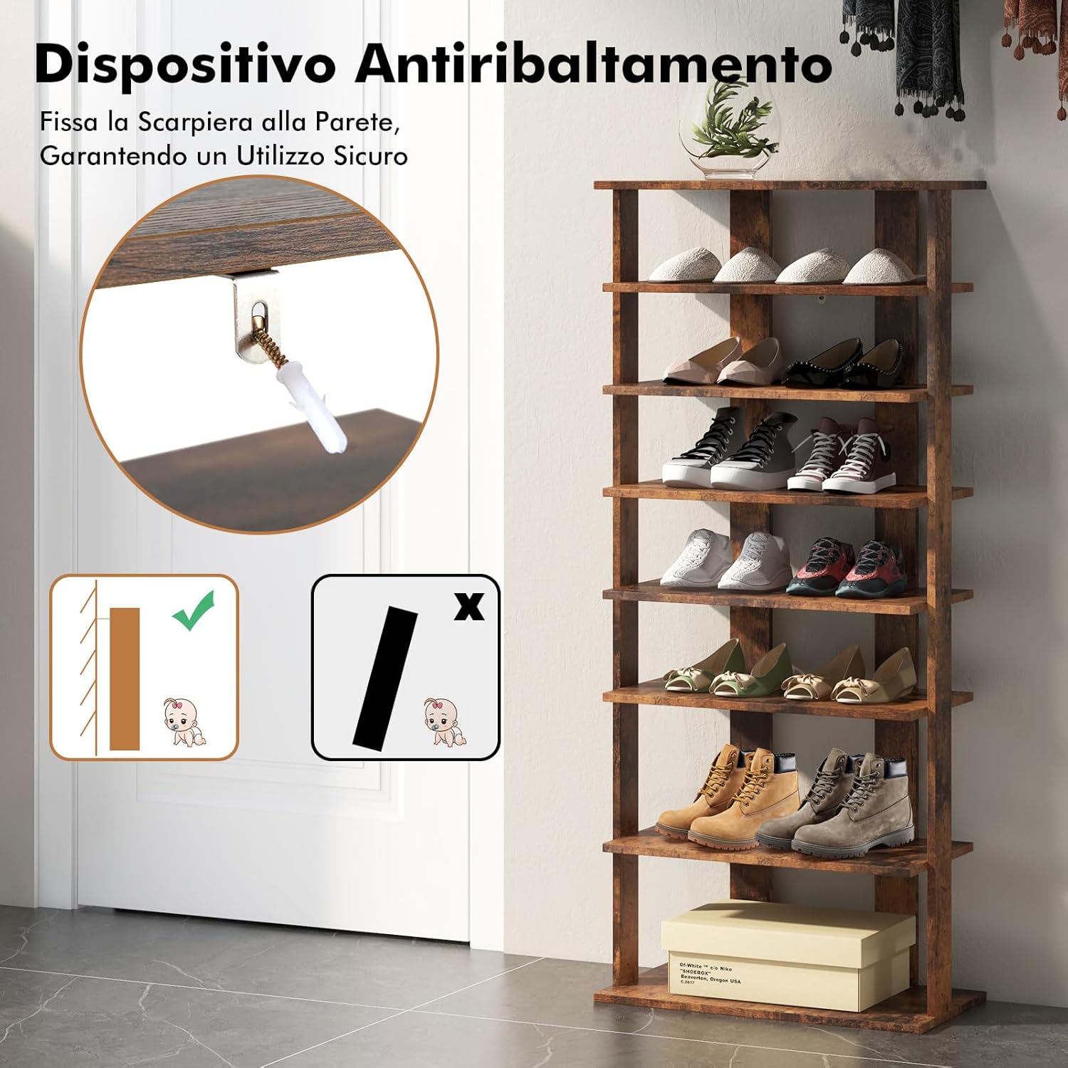 Scarpiera Verticale a 7 Livelli, Organizer per Scarpe in Stile Retrò, con Pannello Rimovibile, Scaffale per Scarpe per Corridoio Ingresso Armadio, 45x25x110 cm (Marrone)