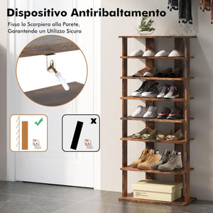 Scarpiera Verticale a 7 Livelli, Organizer per Scarpe in Stile Retrò, con Pannello Rimovibile, Scaffale per Scarpe per Corridoio Ingresso Armadio, 45x25x110 cm (Marrone)