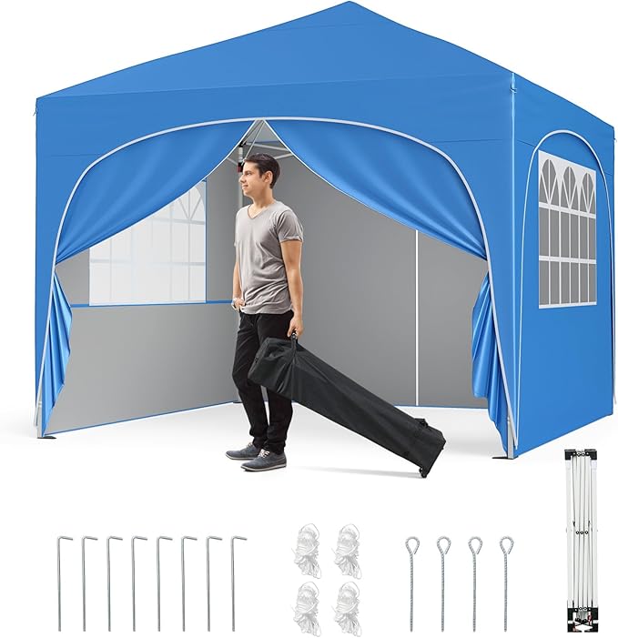 Gazebo Piehevole da Esterno 3 x 3 m, Gazebo Regolabile in Altezza con Pareti Rimovibili, Borsa con Ruote, Picchetti, Ancoraggi, Corde Vento e Sacchi di Sabbia, Tendone per Giardino (Blu)