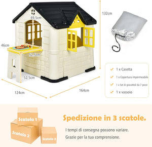 Casetta per Bambini con Porte e Finestre, Casetta Giocattolo con Tavolo, Set Giocattolo con 7 Pezzi, Ideale per Bambini 3-8 Anni, 164x124x132 cm (Giallo)