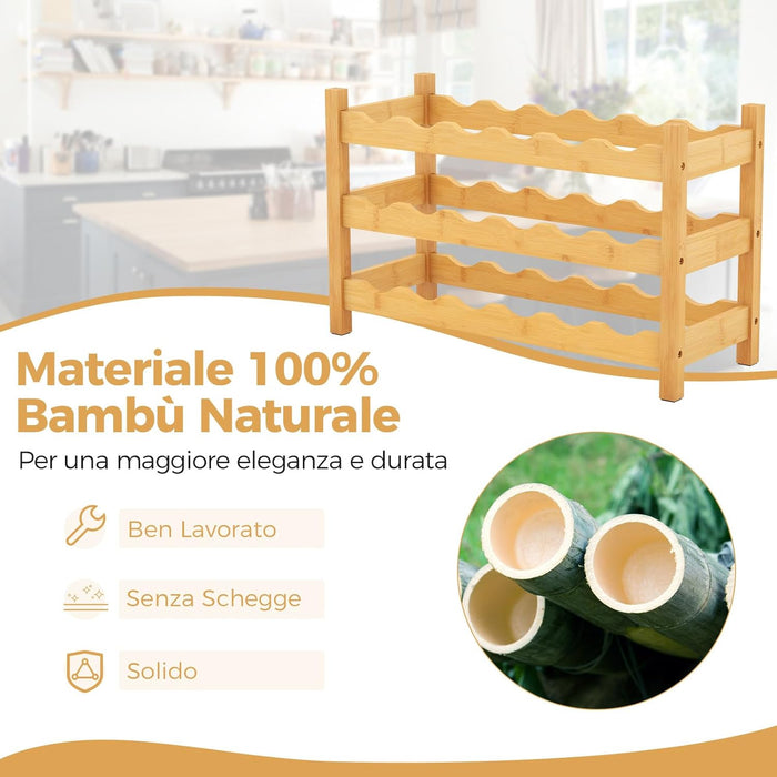 Portabottiglie per Vino in Bambù, Scaffale per 18 Bottiglie di Vino con Fessura a Onda, per Soggiorno, Cucina, Bar, 62 x 24 x 38 cm