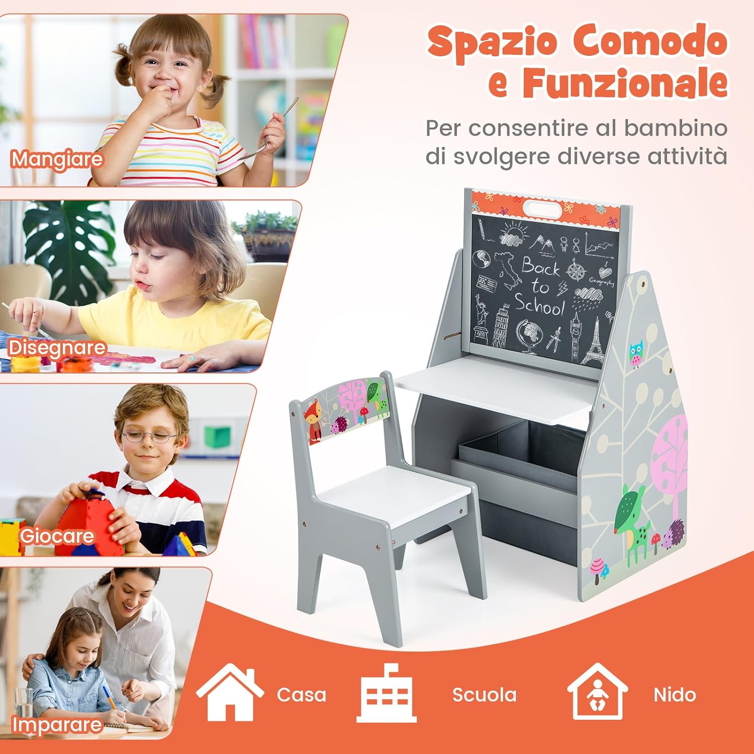 Cavalletto per Bambini Doppio Lato, Set Tavolo e Sedia per Bambini con Lavagna Magnetica e Lavagna Bianca, Contenitore in Tessuto e Libreria(Grigio)