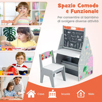Cavalletto per Bambini Doppio Lato, Set Tavolo e Sedia per Bambini con Lavagna Magnetica e Lavagna Bianca, Contenitore in Tessuto e Libreria(Grigio)