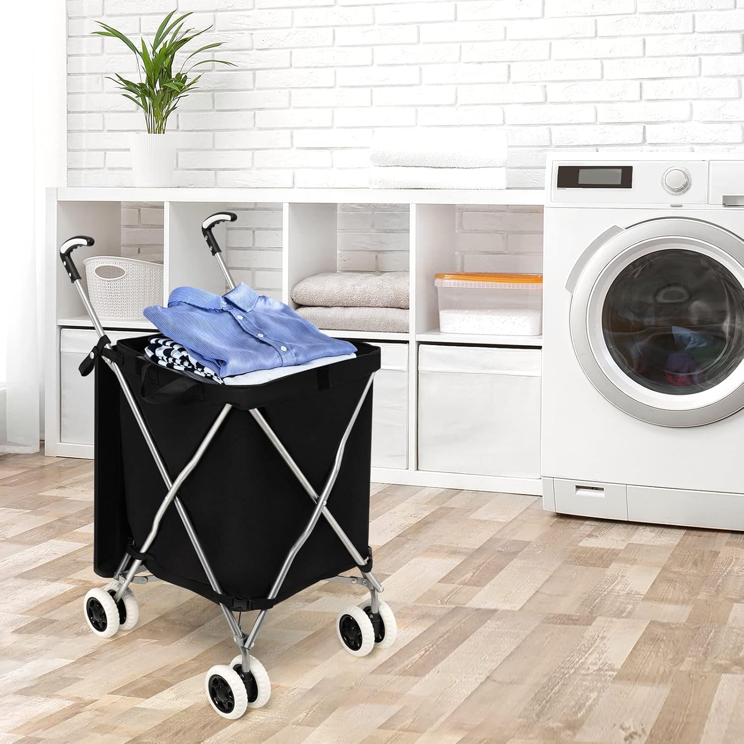 Carrello Spesa Pieghevole con Ruote, Carrello Portaspesa con Fodera in Tessuto Oxford Rimovibile e Impermeabile, 90L, Capacità di peso 55 kg (Nero)