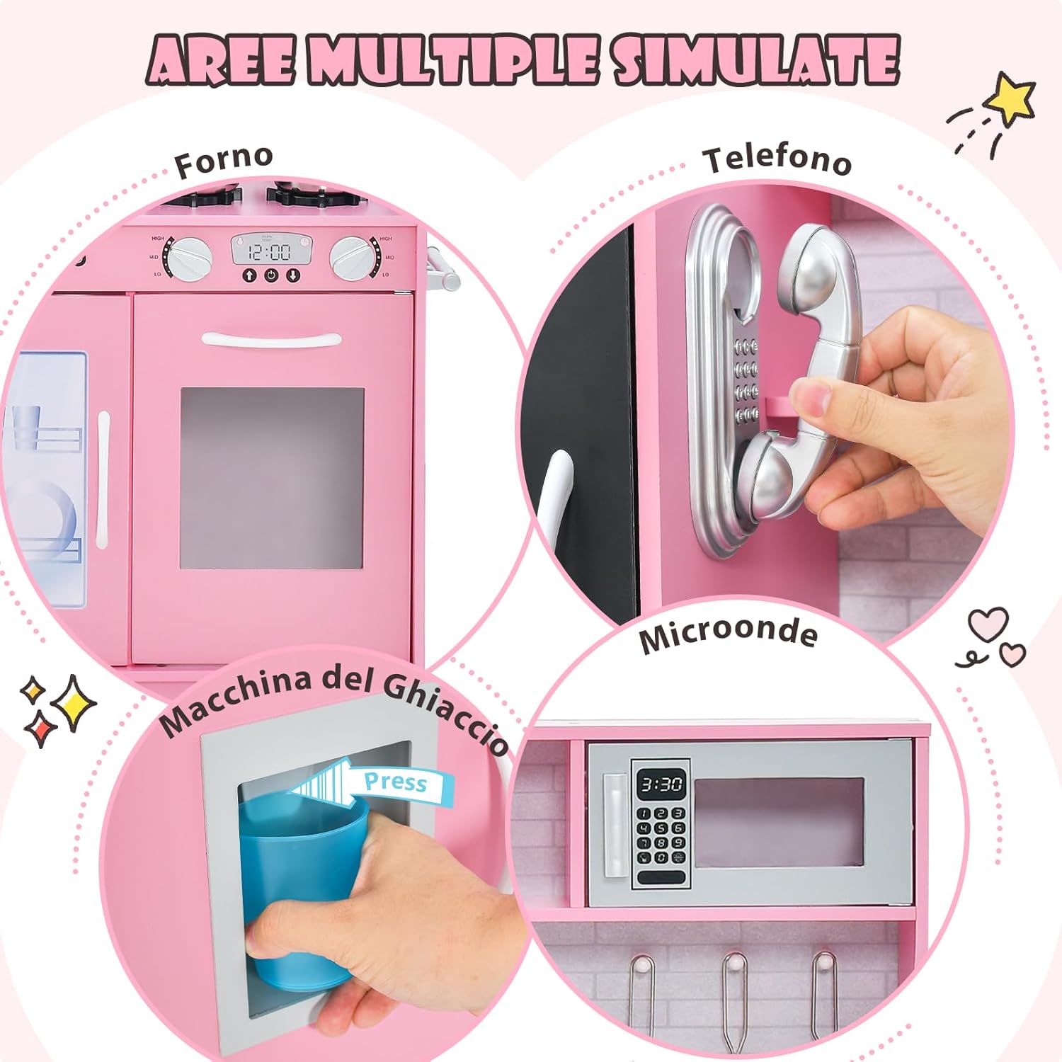 Set da Cucina per Bambini con Lavagna, Telefono, Microonde, Fabbricatore di Ghiaccio, Giocattolo da Cucina in Legno con Accessori e Suoni Simulati per Ragazzi di 3-6 Anni (Rosa)