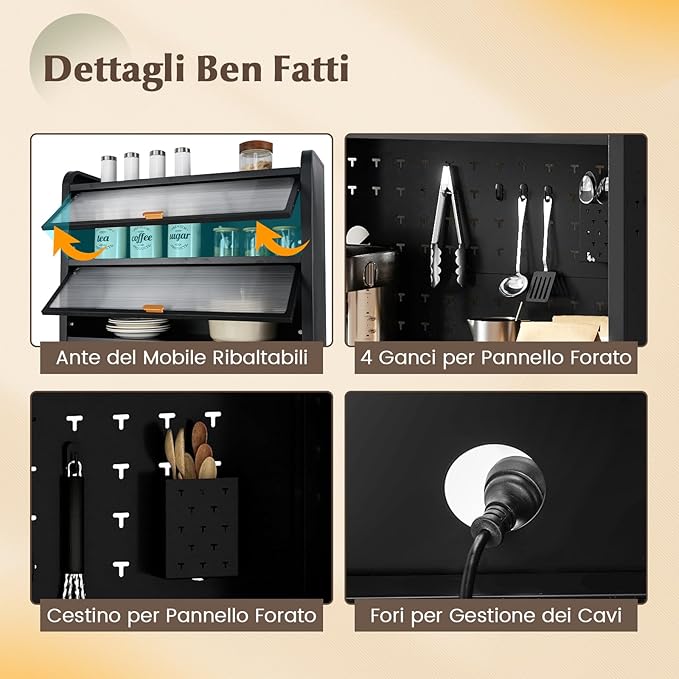 Credenza da Cucina, Armadietto Salvaspazio in Metallo con Ampio Piano di Lavoro, Ripiano Regolabile, Pannello Forato e Ruote, per Sala da Pranzo e Soggiorno, 79 x 37 x 192 cm