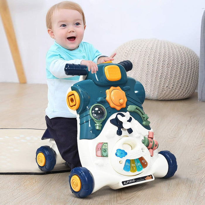 3 in 1 Primi Passi Cavalcabile Spingibile, Giocattolo Educativo con Musica e Luci, con 4 Ruote Antiscivolo, Ideale per Bambini 6-36 Mesi (Blu)