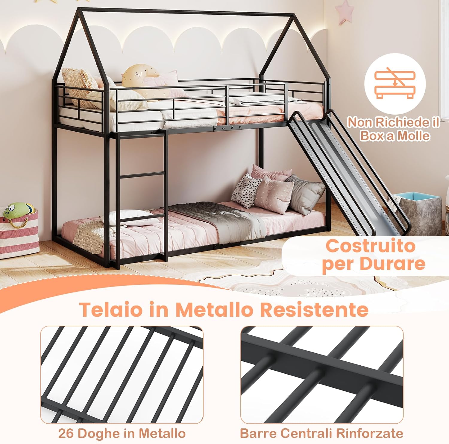 Letto a Castello per Bambini 90x200 cm, Letto Montessori con Scivolo Scala, Struttura in Metallo e Sponda di Sicurezza, Forma di Casa, senza Bisogno di Rete a Molle, Portata 110 kg (Nero)