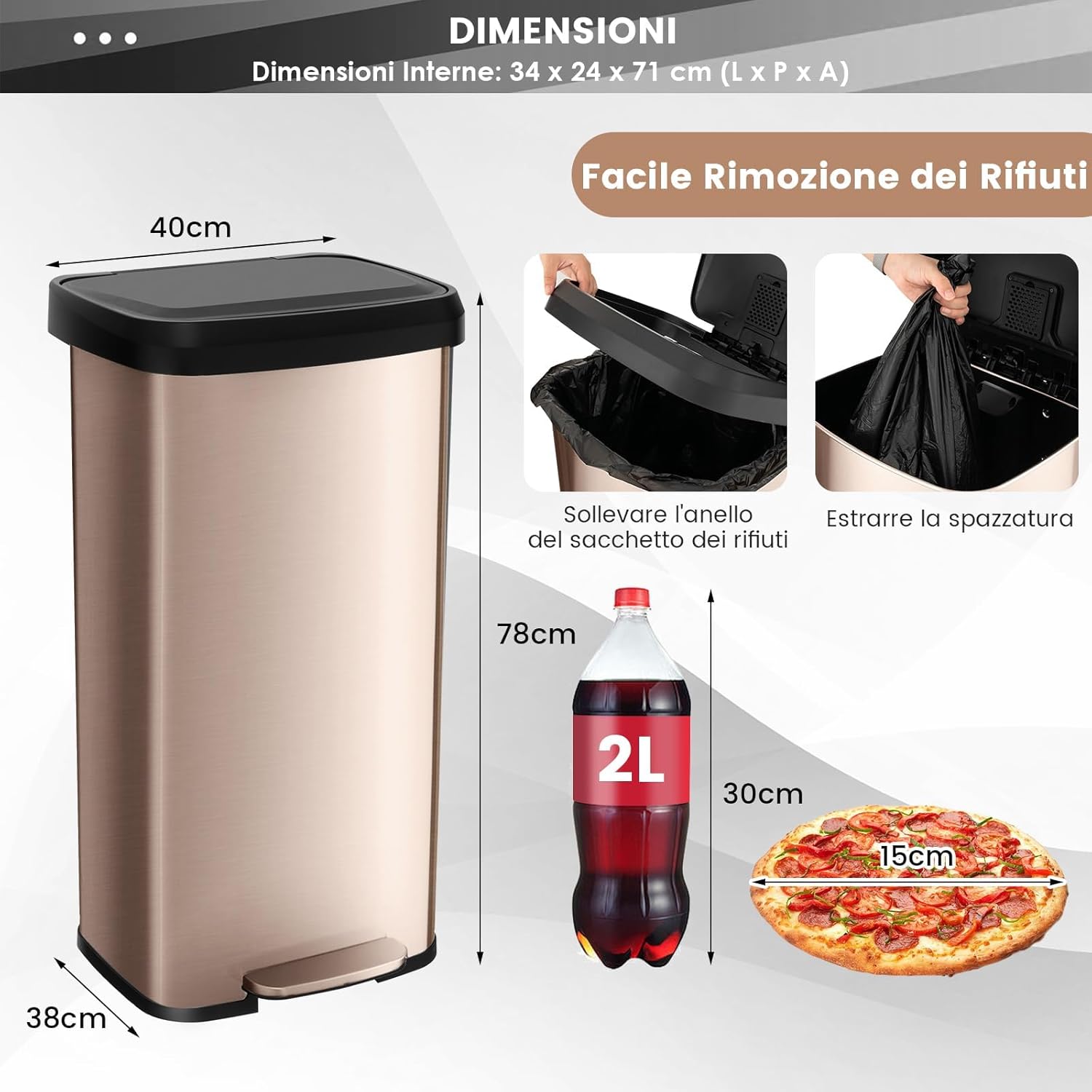 Bidone per Pattumiera, Pattumiera da Cucina in Acciaio Inossidabile con Pedale, Coperchio e Scomparto Deodorante, Ideale per Casa Ufficio (68L,Rosa dorato)