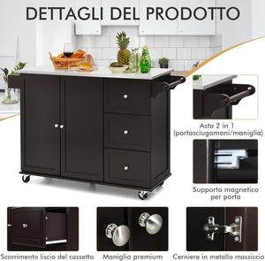 Carrello da Cucina, Isola da Cucina con Piano in Acciaio Inox, 3 Cassetti e Armadietto a 2 Ante, Ripiani Regolabili e Portasciugamani e Portaspezie, 135x45,5x 91,5 cm (Marrone)