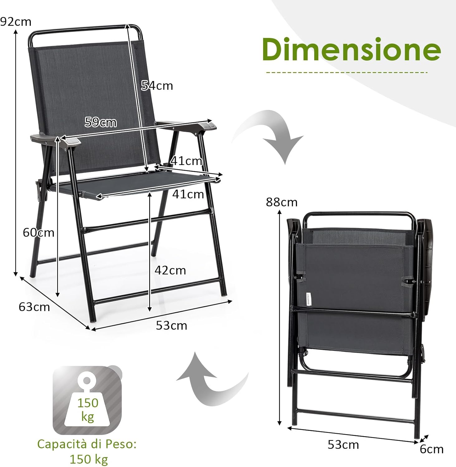 Set di 4 Sedie Pieghevoli da Esterno, Poltrona Portatile con Braccioli e Poggia Piedi, Tessuto Traspirante, Piedini Antiscivolo, per Patio, Giardino