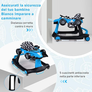 Girello per Bambini 4 in 1, Girello Pieghevole con Altezza e Velocità Regolabili, Carillon con Luci, Volante e Sedile, Primi Passi per Bambini 6-18 Mesi, Portata 15 kg (Blu)