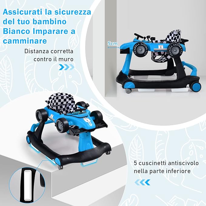 Girello per Bambini 4 in 1, Girello Pieghevole con Altezza e Velocità Regolabili, Carillon con Luci, Volante e Sedile, Primi Passi per Bambini 6-18 Mesi, Portata 15 kg (Blu)